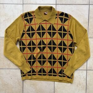Vtg Donegal Coleseta Polo Sweater Mens Large Mustard Gold Mod Atomic Knit 60s